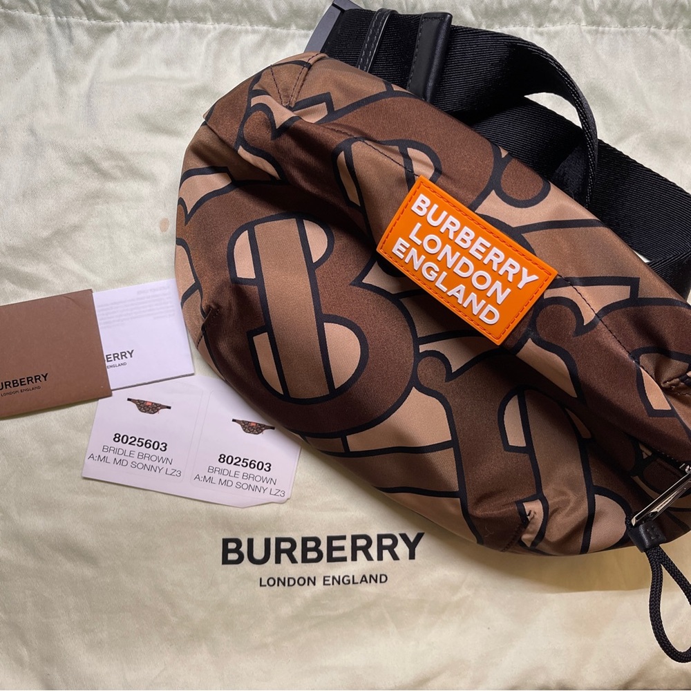 Authentic Burberry Monogram Print Sonny Belt Bag in Brown Nylon